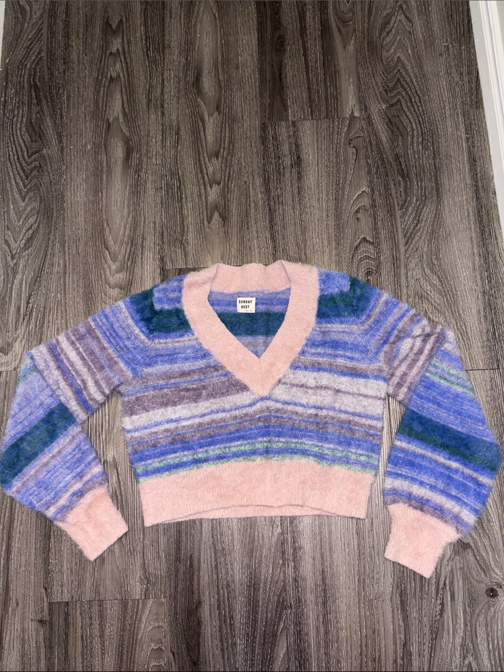 Sunday Best Fuzzy Cropped V-Neck Sweater Blue & Pink